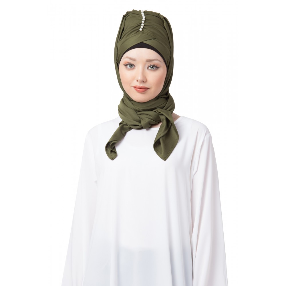 Nazneen Ready To Wear Olive Turban With Attached Hijab