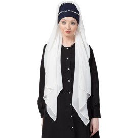 Nazneen Ready To Wear Pearl Work Navy White Turban With Attached Hijab