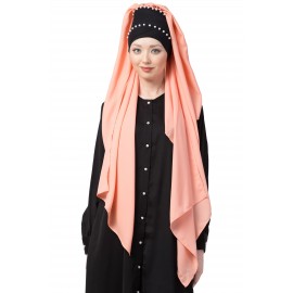 Nazneen Ready To Wear Pearl Work Black Peach Turban With Attached Hijab