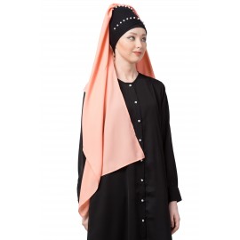 Nazneen Ready To Wear Pearl Work Black Peach Turban With Attached Hijab