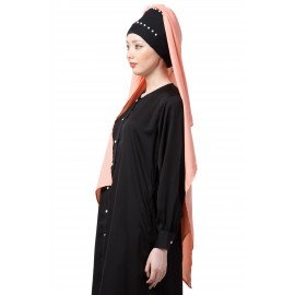 Nazneen Ready To Wear Pearl Work Black Peach Turban With Attached Hijab