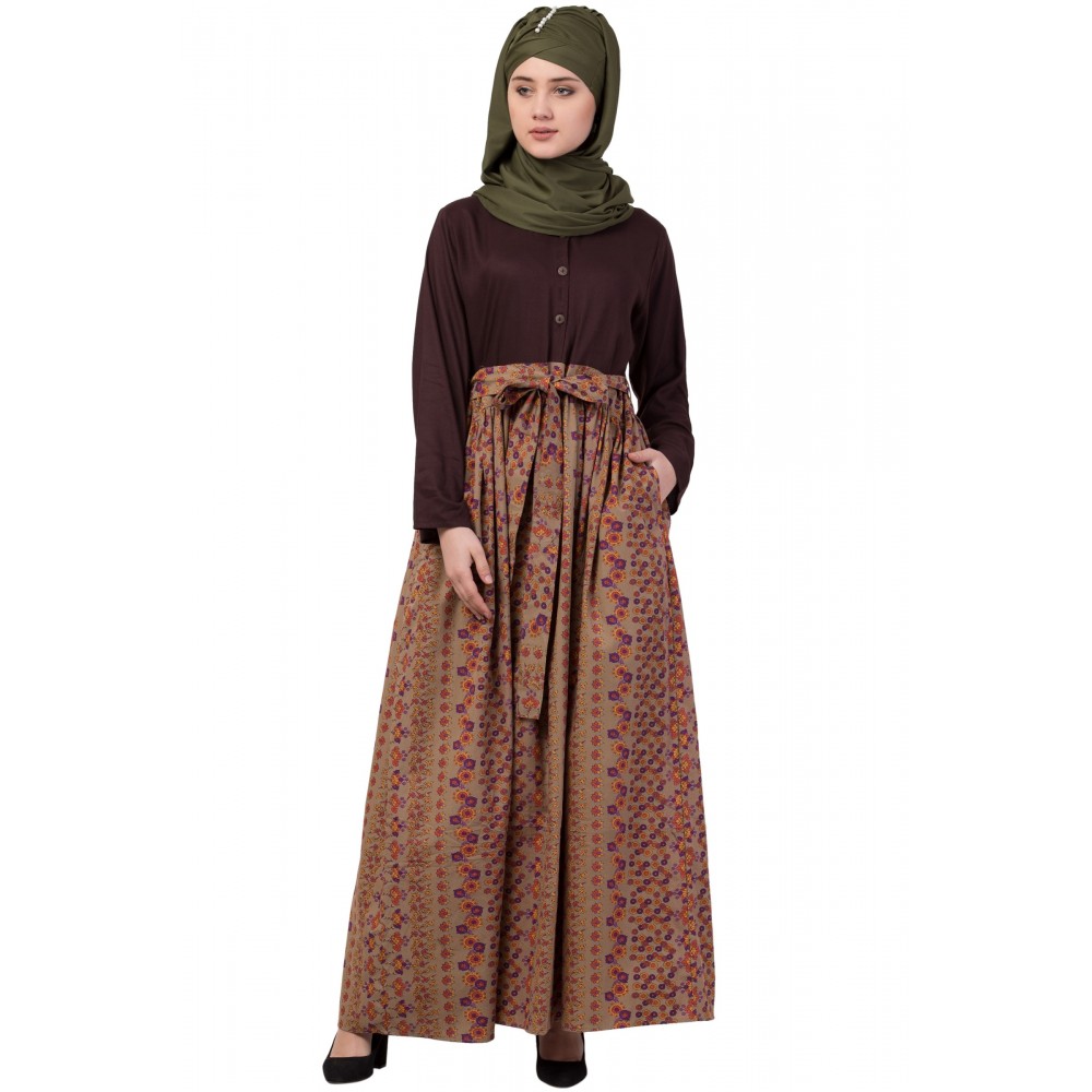 Nazneen Printed Skirt Solid Body Casual Abaya