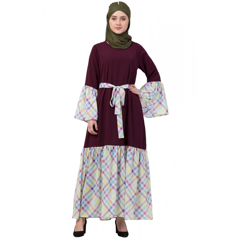Nazneen Bell Sleeve Printed Checks Casual Abaya