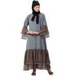 Nazneen Printed Frill & Bell Sleeve Front Open Abaya