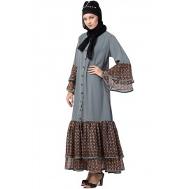 Nazneen Printed Frill & Bell Sleeve Front Open Abaya