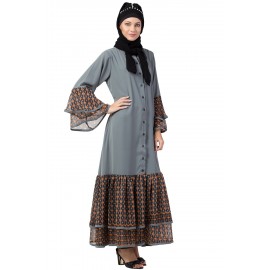 Nazneen Printed Frill & Bell Sleeve Front Open Abaya