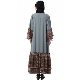 Nazneen Printed Frill & Bell Sleeve Front Open Abaya
