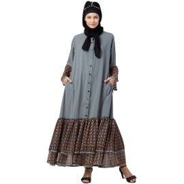 Nazneen Printed Frill & Bell Sleeve Front Open Abaya