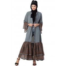 Nazneen Printed Frill & Bell Sleeve Front Open Abaya