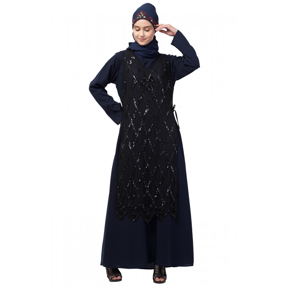 NHF504 Nazneen Two Piece Diamond cut fully Beaded Front and Back Party Abaya