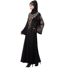 Nazneen Neck and Sleeve Resham Embroidered  A line Party Abaya