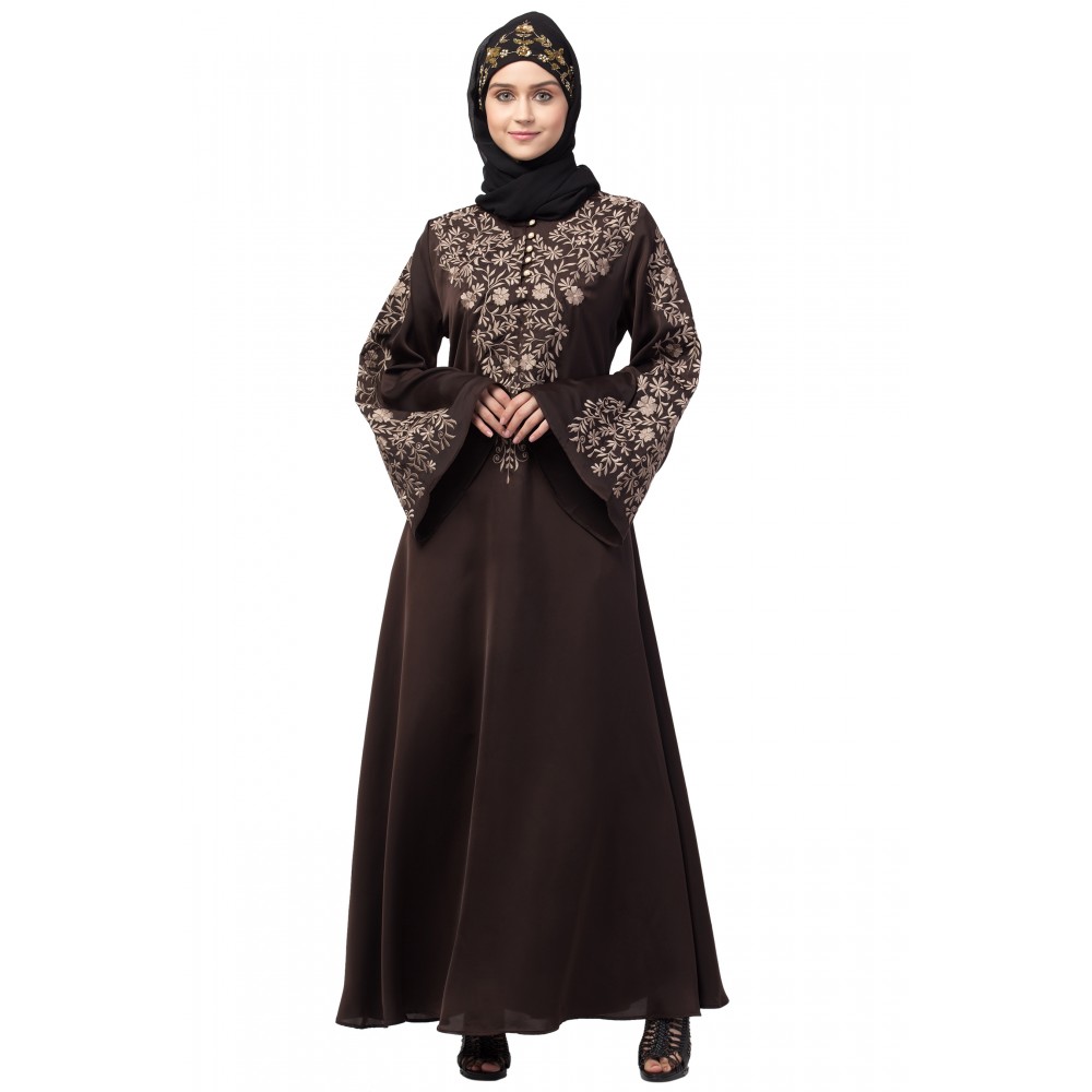 Nazneen Neck and Sleeve Resham Embroidered  A line Party Abaya