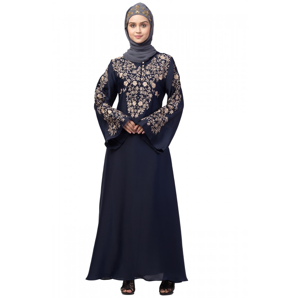 Nazneen Neck and Sleeve Resham Embroidered  A line Party Abaya