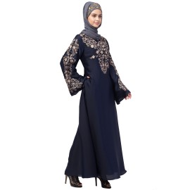 Nazneen Neck and Sleeve Resham Embroidered  A line Party Abaya