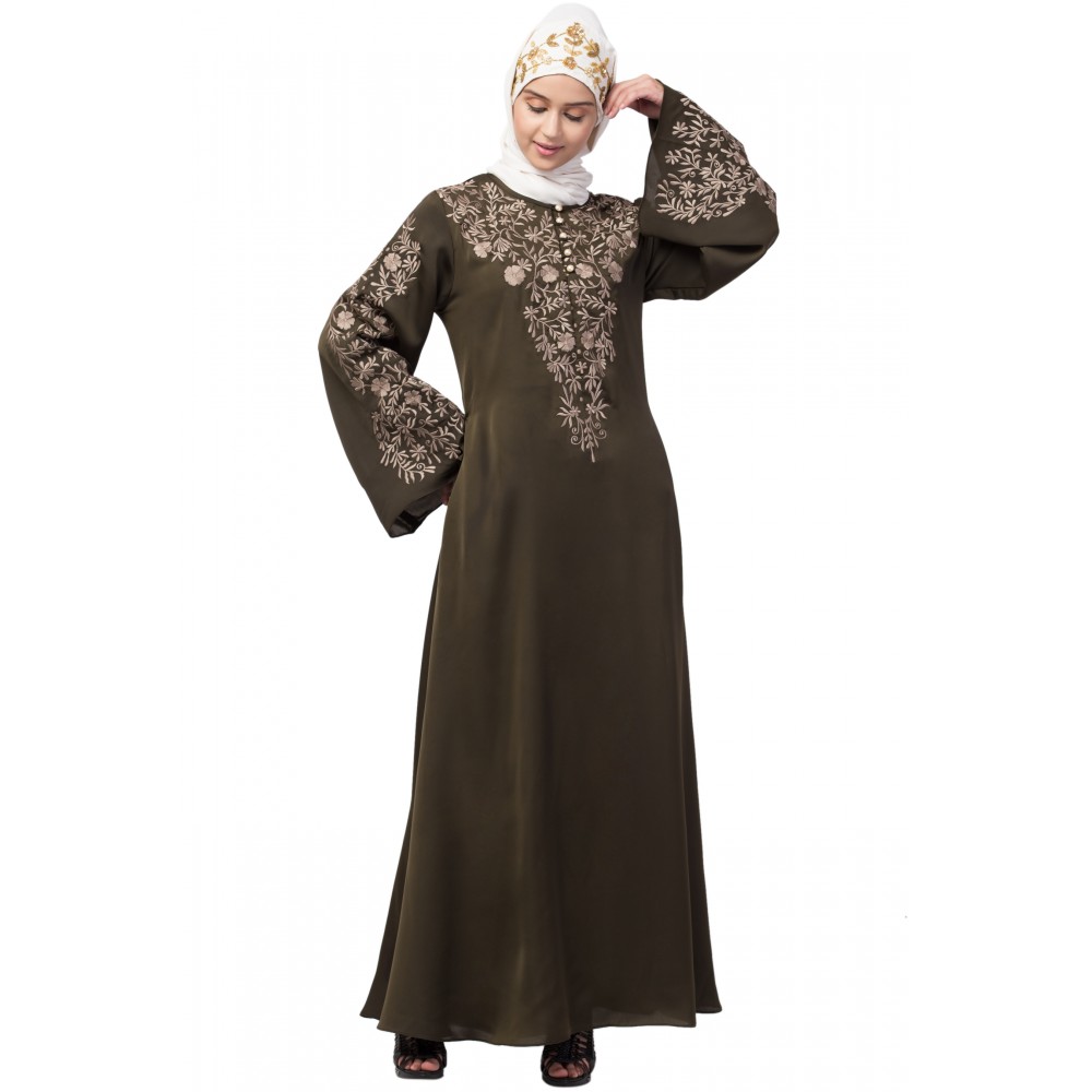 Nazneen Neck and Sleeve Resham Embroidered  A line Party Abaya