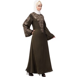 Nazneen Neck and Sleeve Resham Embroidered  A line Party Abaya