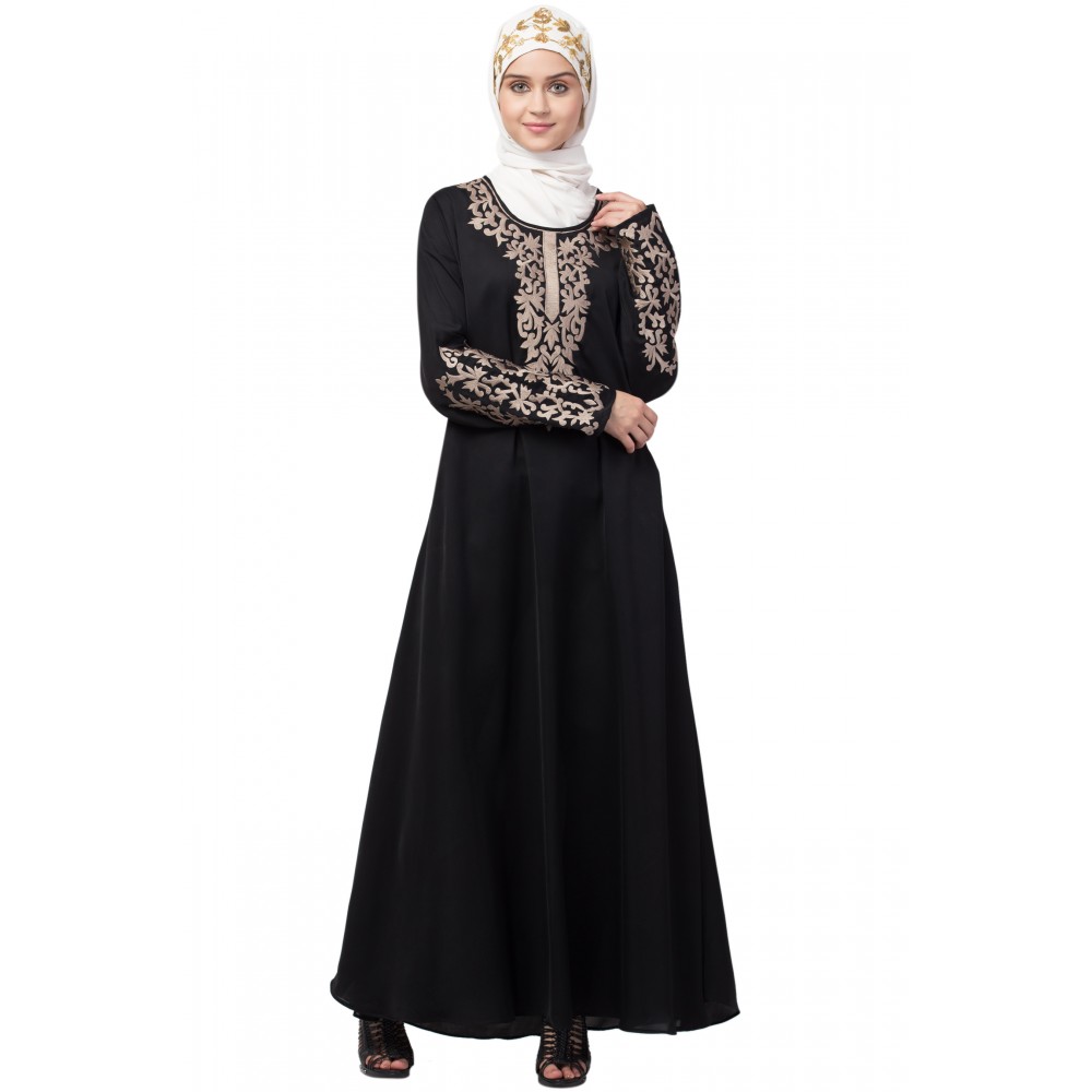 Nazneen Front and Sleeve Resham embroidered A line Abaya