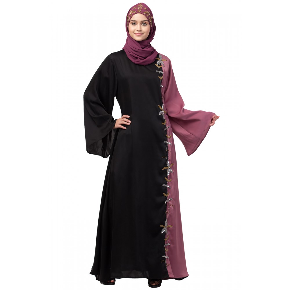 Nazneen Contrast Front & sleeve  Hand work Abaya