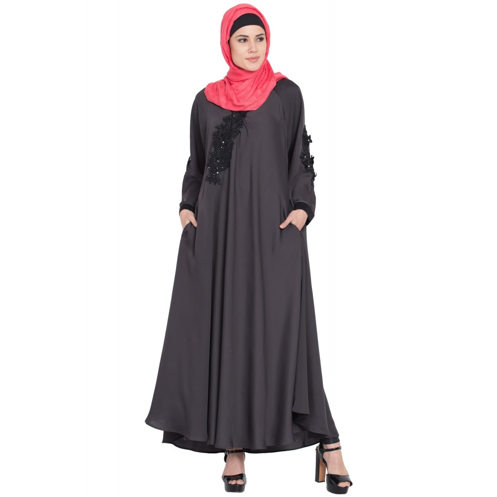 Nazneen Embroidered Patch Umbrella Grey Abaya