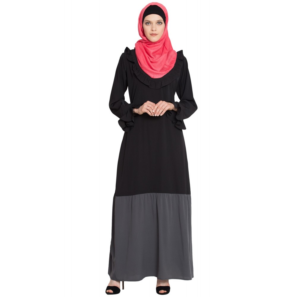 NAZNEEN Contrast Bottom Frilled Casual Abaya