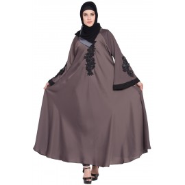 Nazneen Embroidered Patch Umbrella Coffee Brown Abaya 