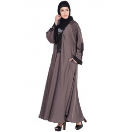 Nazneen Embroidered Patch Umbrella Coffee Brown Abaya 