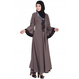 Nazneen Embroidered Patch Umbrella Coffee Brown Abaya 