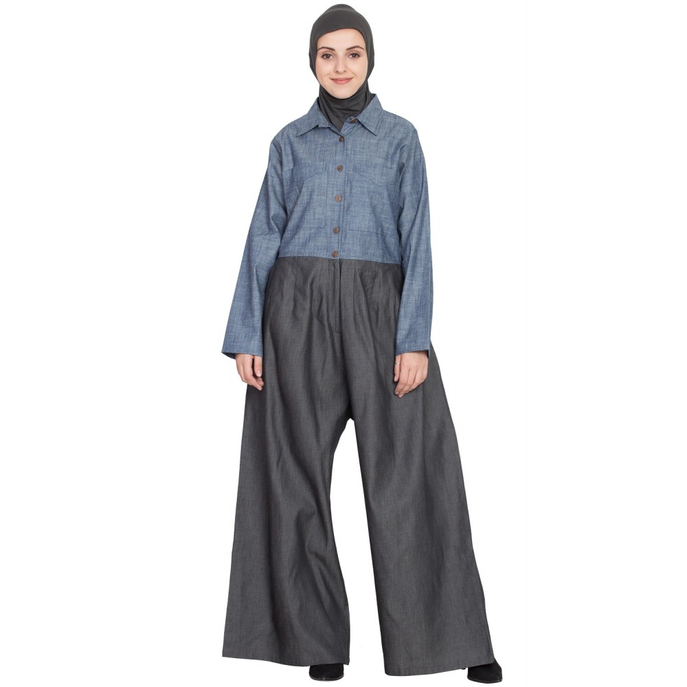 Nazneen Denim Pant Chambray Shirt Front Open Pant Abaya