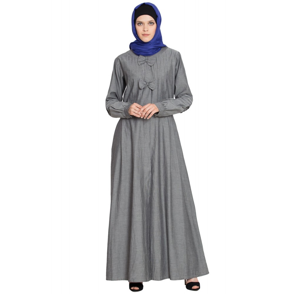 Nazneen Pin Tuck And Bow Front Open Denim Grey Jilbab