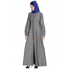 Nazneen Pin Tuck And Bow Front Open Denim Grey Jilbab