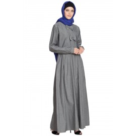 Nazneen Pin Tuck And Bow Front Open Denim Grey Jilbab