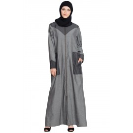 Nazneen Contrast Yoke Pocket Cuff Grey Black Denim Jilbab