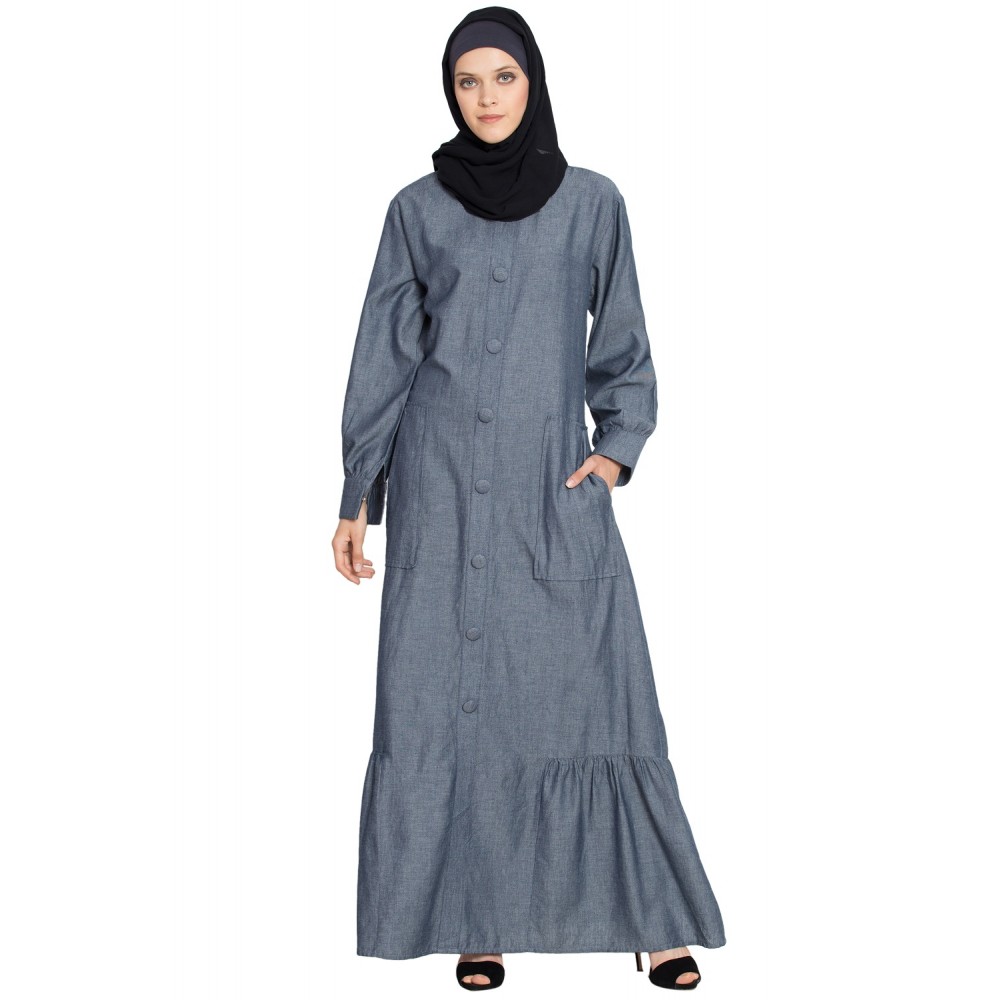 Nazneen Frill At Bottom Patch Pocket A Line Abaya