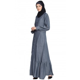 Nazneen Frill At Bottom Patch Pocket A Line Abaya