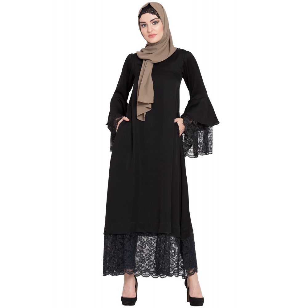 Nazneen Bell Sleeve Lace At Bottom And Sleeve Fancy Abaya
