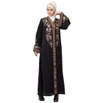 Nazneen front and sleeve resham embroidery contrast band front open abaya