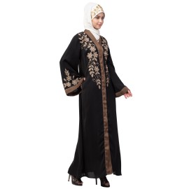 Nazneen front and sleeve resham embroidery contrast band front open abaya