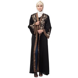 Nazneen front and sleeve resham embroidery contrast band front open abaya