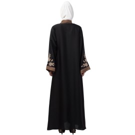 Nazneen front and sleeve resham embroidery contrast band front open abaya