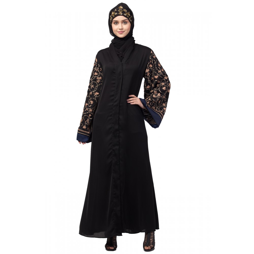 Nazneen Both sleeve resham embroidered front open Dubai Abaya