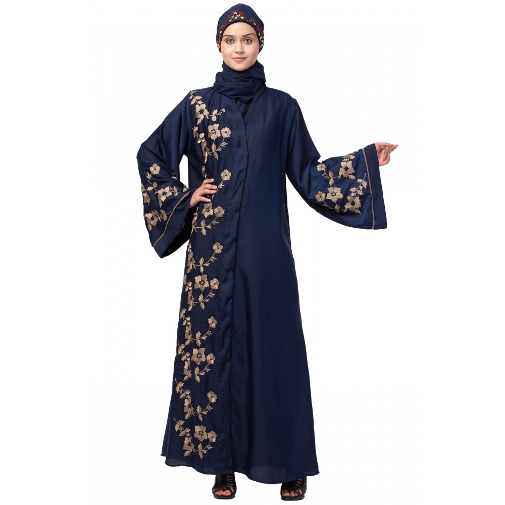 Nazneen right side and both sleeve Resham Embroidery Front open Abaya