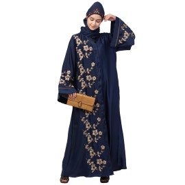 Nazneen right side and both sleeve Resham Embroidery Front open Abaya