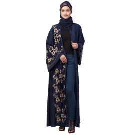 Nazneen right side and both sleeve Resham Embroidery Front open Abaya