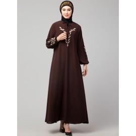 Nazneen Front and Sleeve Resham Embroidery Balloon Sleeve Abaya