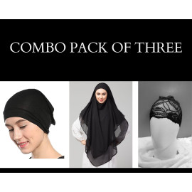 Nazneen Two layers Triangle Hijab and under hijab lace and Stretchable jersey bonnet cap 3 pcs set Combo