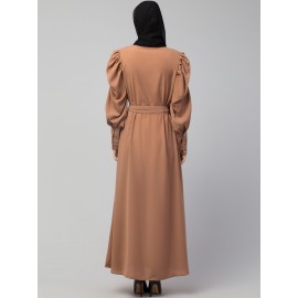 Nazneen front open till waist gathered puffed Sleeve long cuff  with belt Casual Abaya