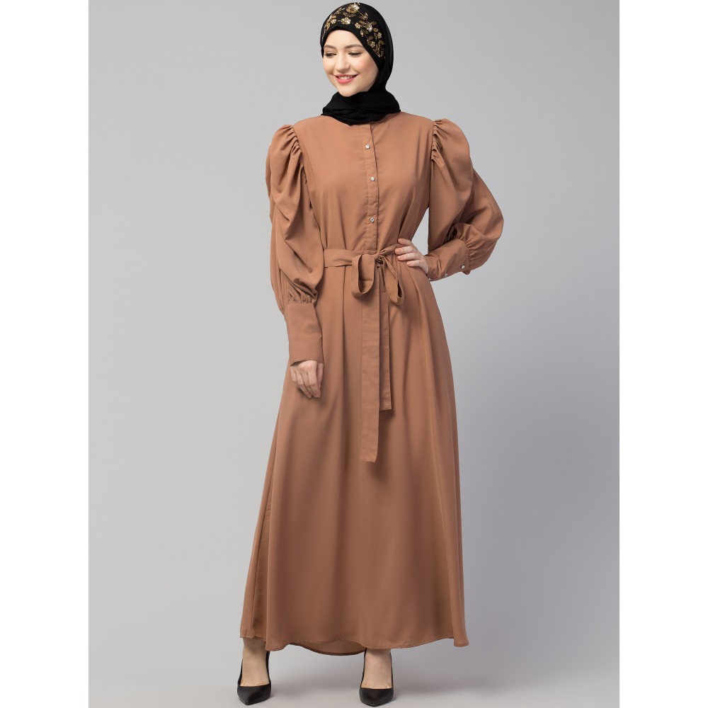 Nazneen front open till waist gathered puffed Sleeve long cuff  with belt Casual Abaya