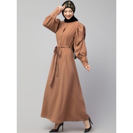 Nazneen front open till waist gathered puffed Sleeve long cuff  with belt Casual Abaya