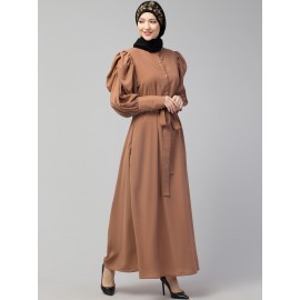 Nazneen front open till waist gathered puffed Sleeve long cuff  with belt Casual Abaya