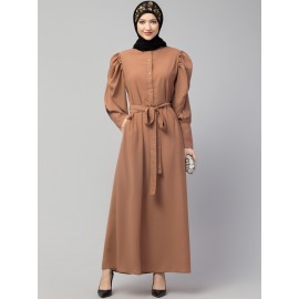 Nazneen front open till waist gathered puffed Sleeve long cuff  with belt Casual Abaya